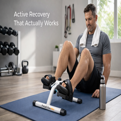 Man using a PedalVibe machine in a home gym setting with text 'Active Recovery That Actually Works'.