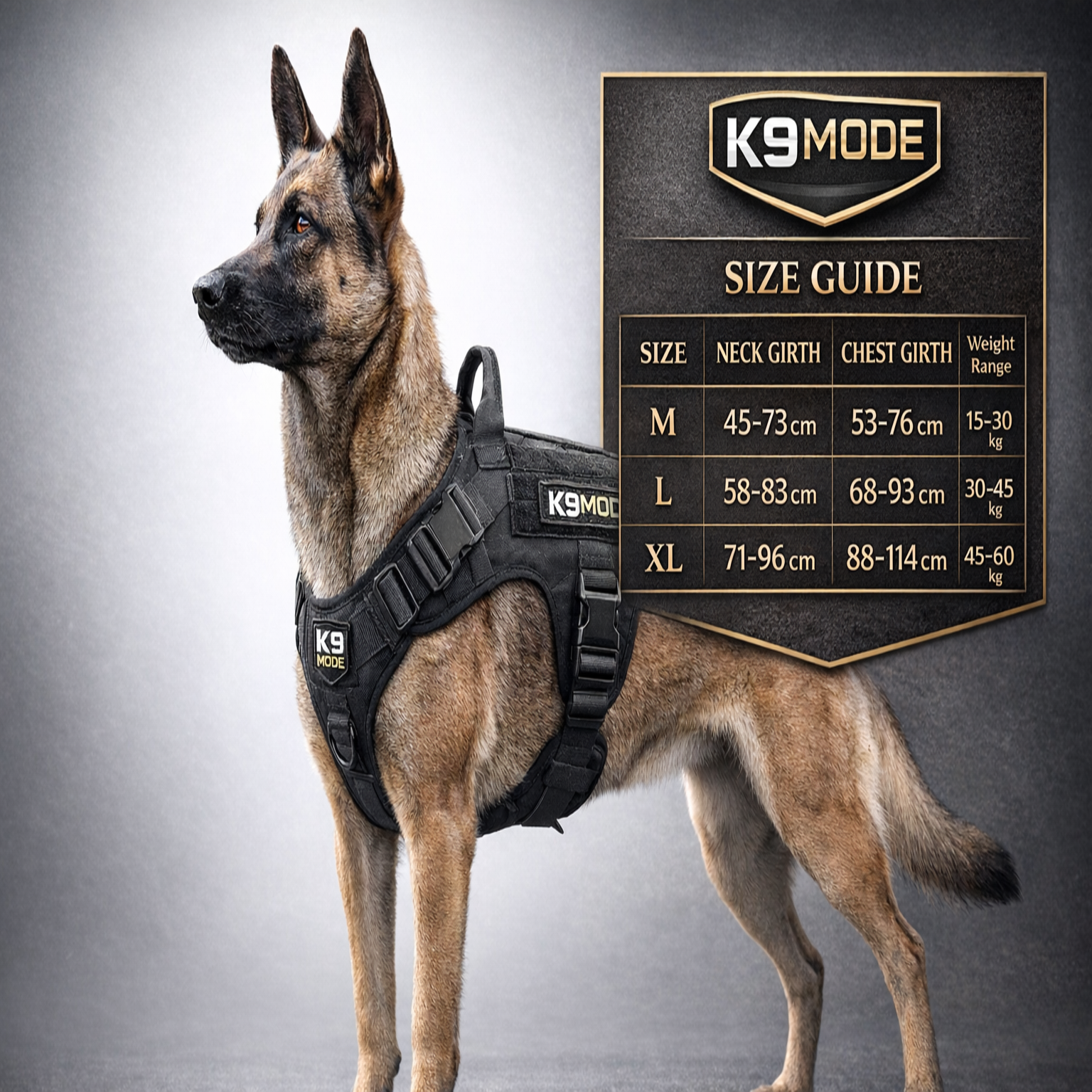 Dog wearing a K9 Mode harness with a size guide on a gray background
