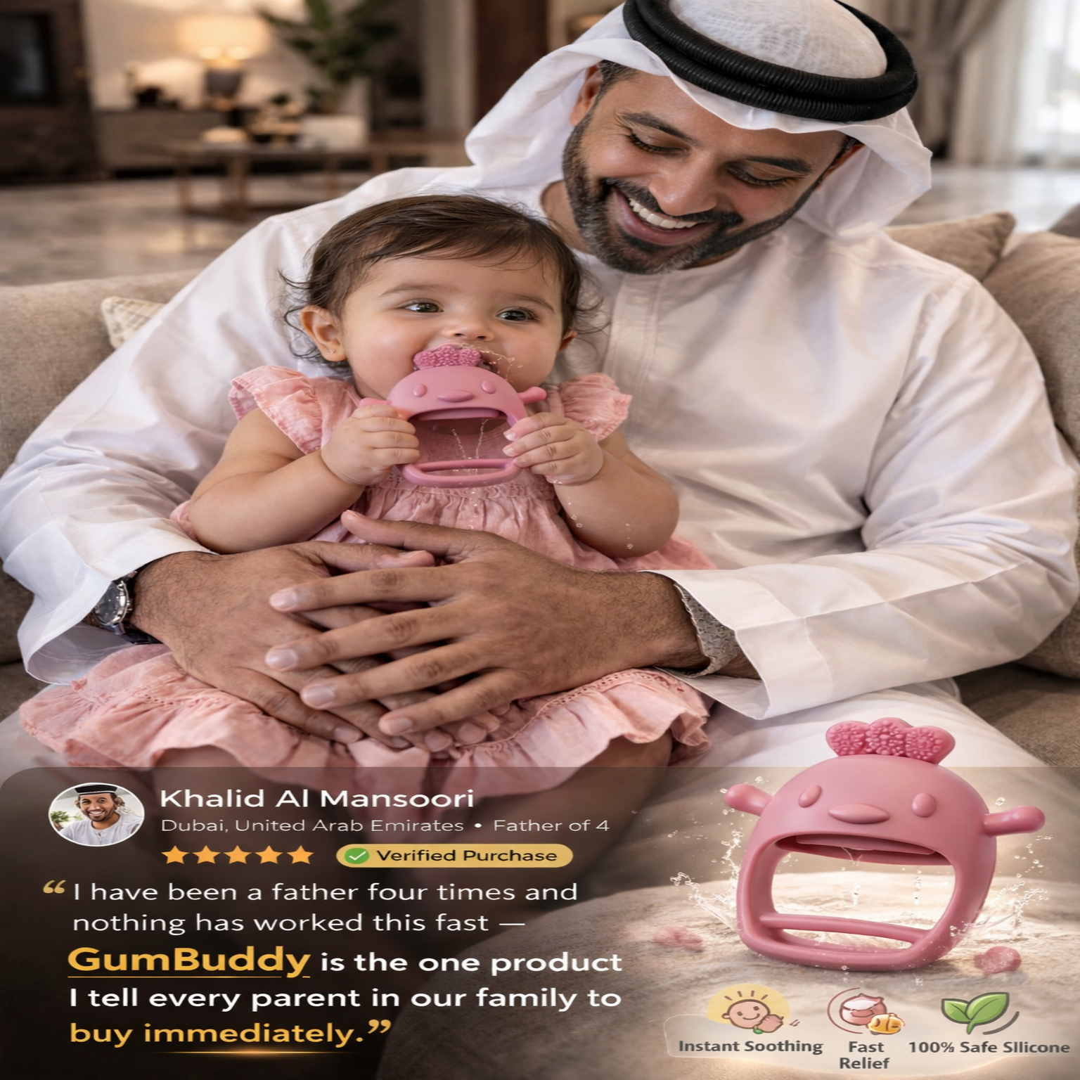 Man holding a baby and a pink toy with a review card overlay