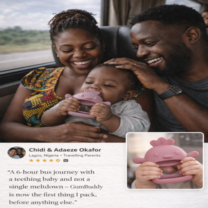 Family inside a vehicle with a baby holding a pink teething toy, smiling.
