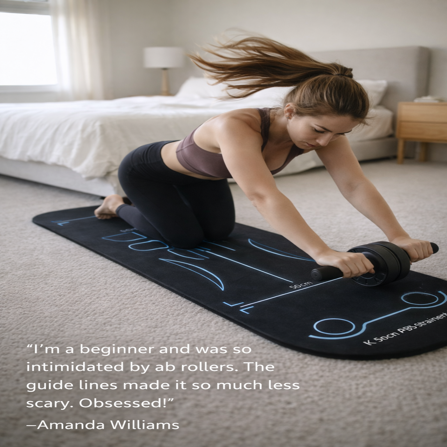 Man using IronRoll ABS Trainer in a living room setting with 'Transform Your Core' text.