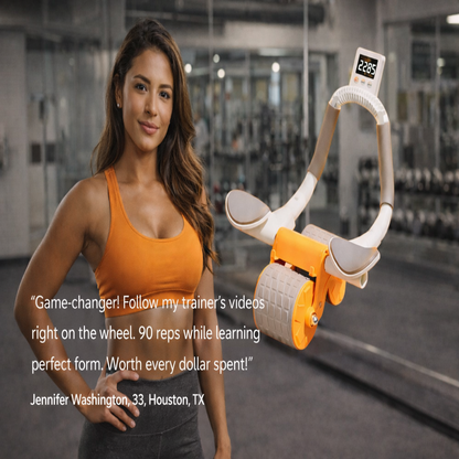 Woman holding a fitness device with text about it in a gym setting