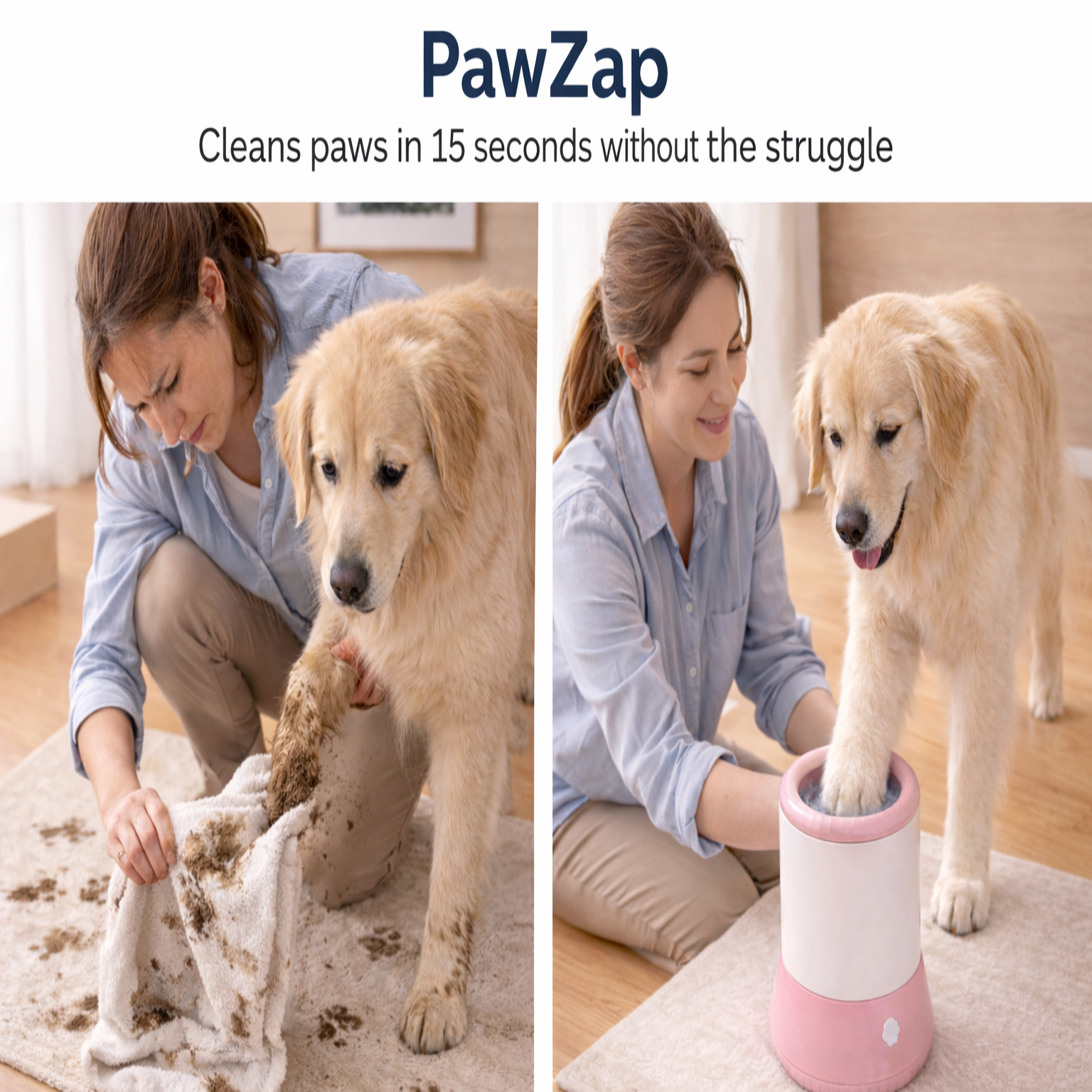 Woman cleaning a dog's paws with a PawZap product on a wooden floor.
