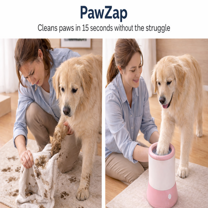 Woman cleaning a dog's paws with a PawZap product on a wooden floor.