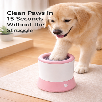 Dog using a pink paw cleaning device with text 'Clean Paws in 15 Seconds -- Without the Struggle'.