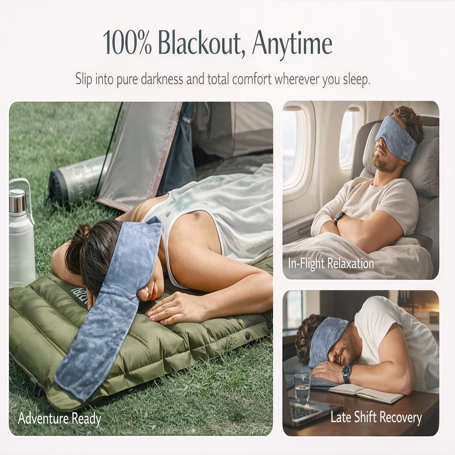 Sleeping pad with blue cover used in various settings including camping, airplane, and office.