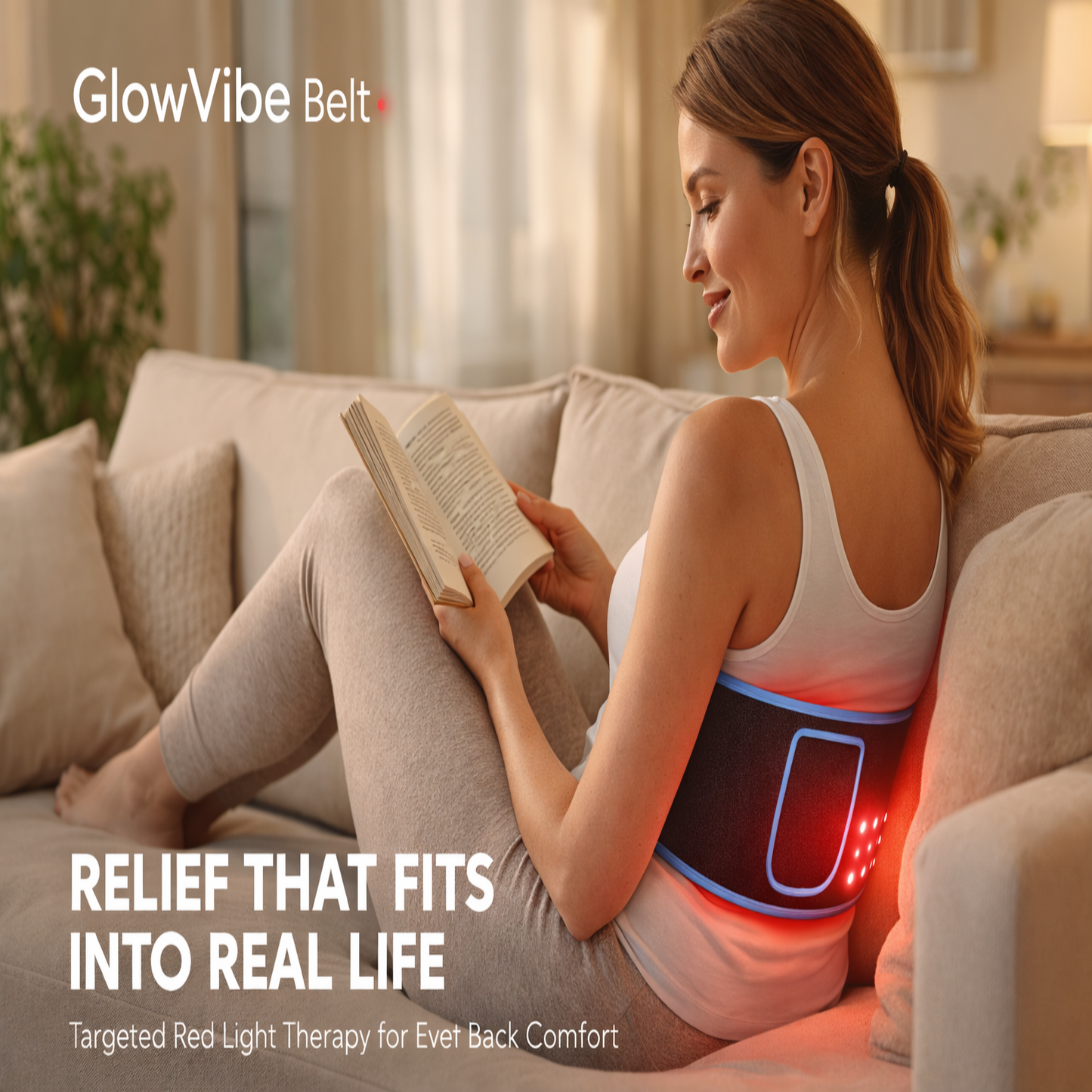 Woman wearing a glowing belt while reading on a couch, with 'GlowVibe Belt' branding.