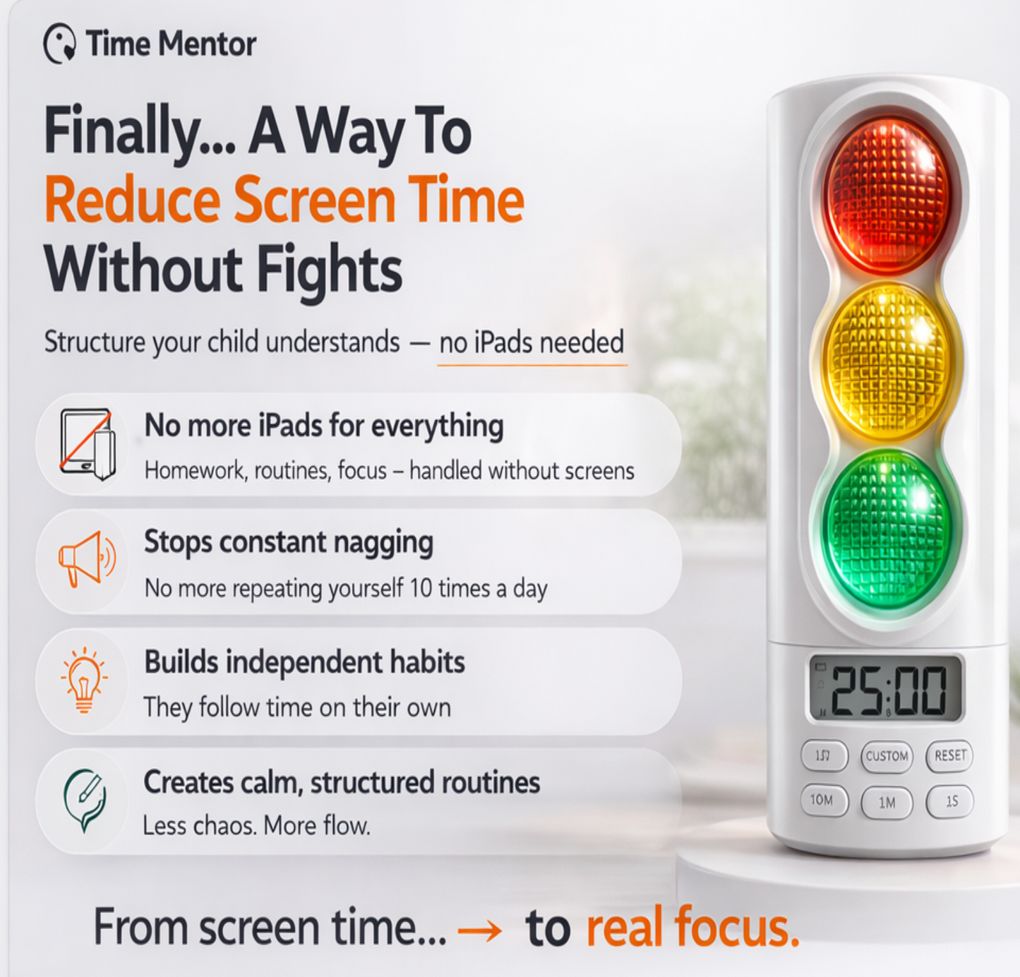 Digital timer with traffic light display and promotional text about reducing screen time.