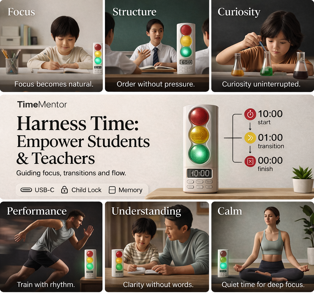 Promotional image of TimeMentor product with various scenarios and benefits displayed.