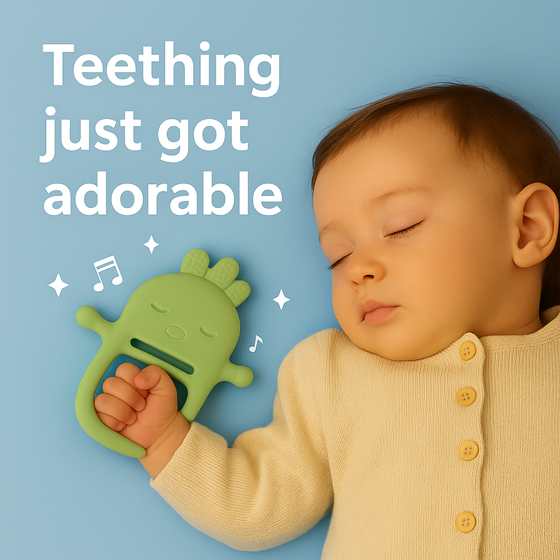 After—baby calm and smiling with teether