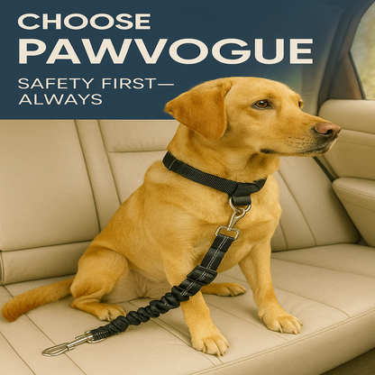 Dog sitting in a car with a leash, wearing a PAWVOGUE product.