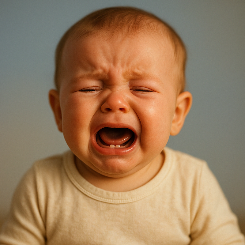 Before—baby crying and chewing fingers