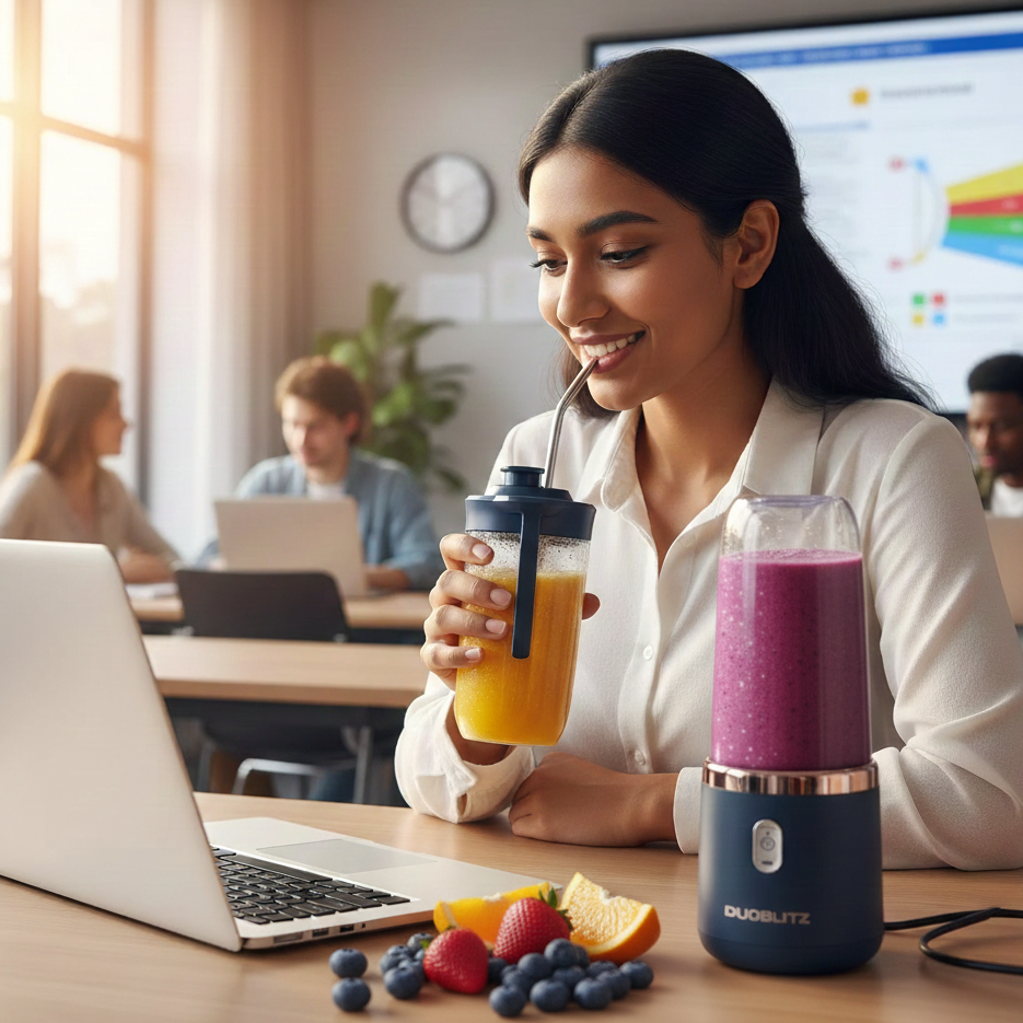 Woman at a desk with a laptop, smoothie, andDUOLITE blender in an office setting.