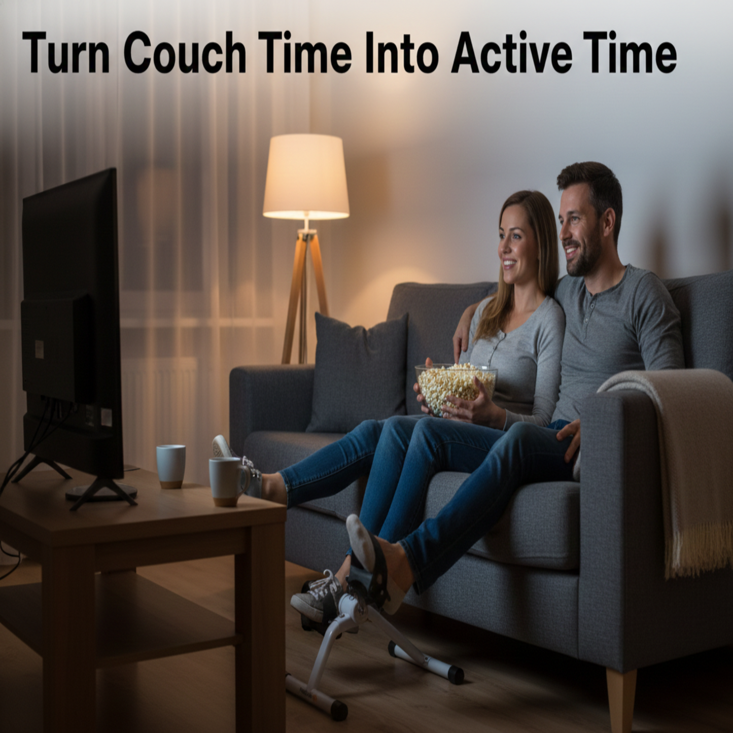 Couple sitting on a couch watching TV with text 'Turn Couch Time Into Active Time'.