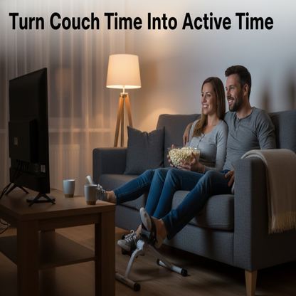 Couple sitting on a couch watching TV with text 'Turn Couch Time Into Active Time'.
