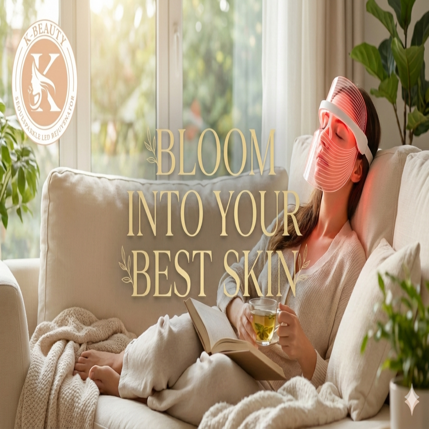 Woman relaxing on a couch with a face mask, holding a tea cup, with text 'Bloom into your best skin' and a brand logo.