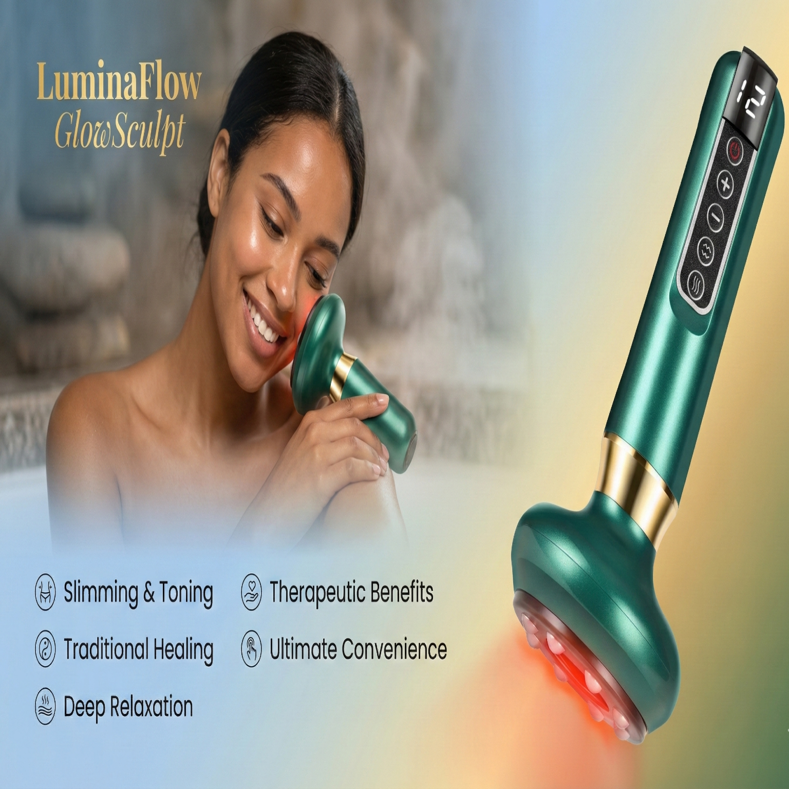 Woman using a green massage device with text highlighting features on a blurred background