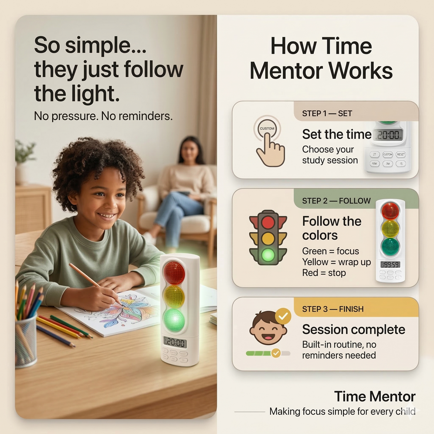 TimeMentor – Kids' Traffic Light Visual Timer For Play & Study