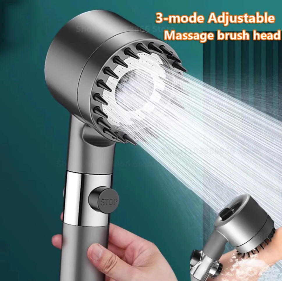 High Pressurized Filter Shower Head 3-mode Adjustable Spray with Massage Brush Rain Shower Set Changeable Filter Element
