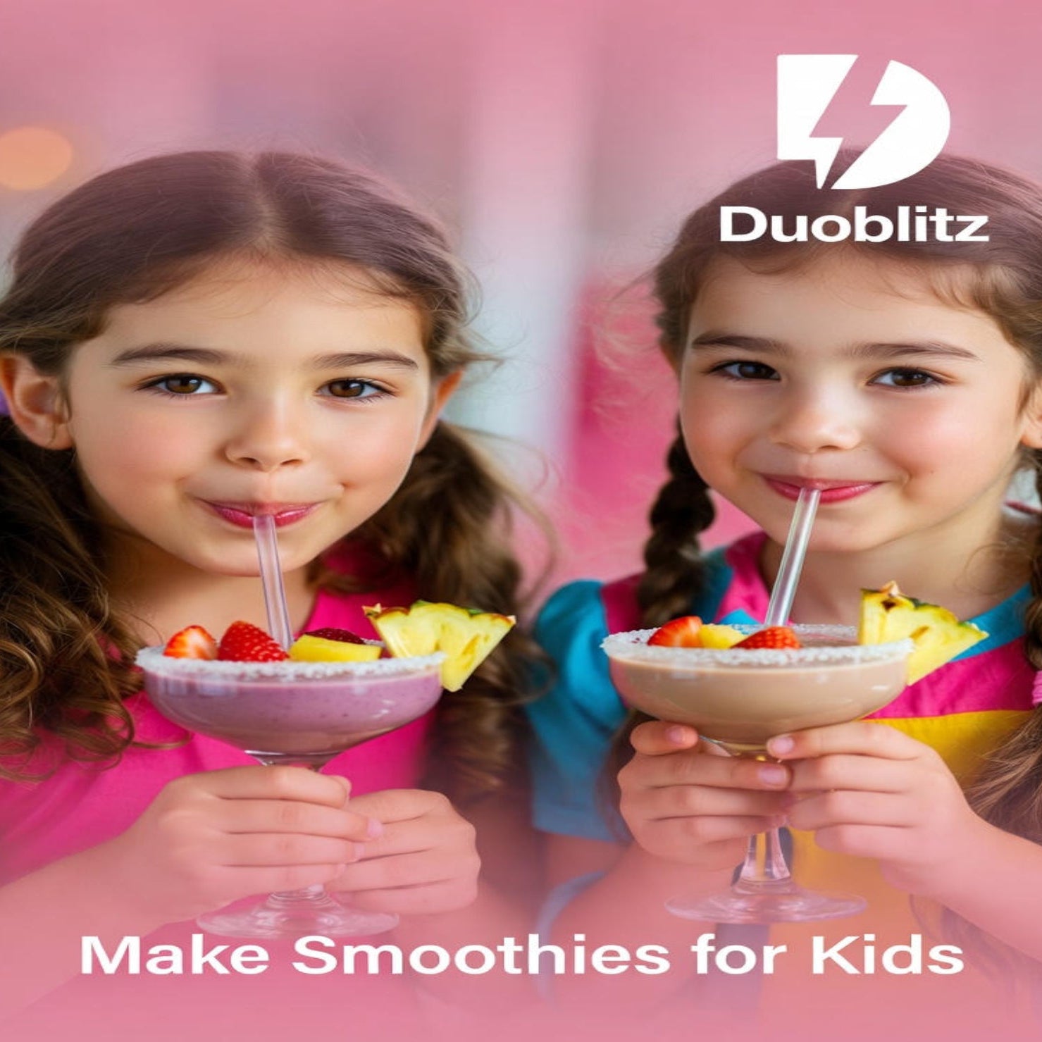 Two children enjoying smoothies with Duoblitz logo and text.