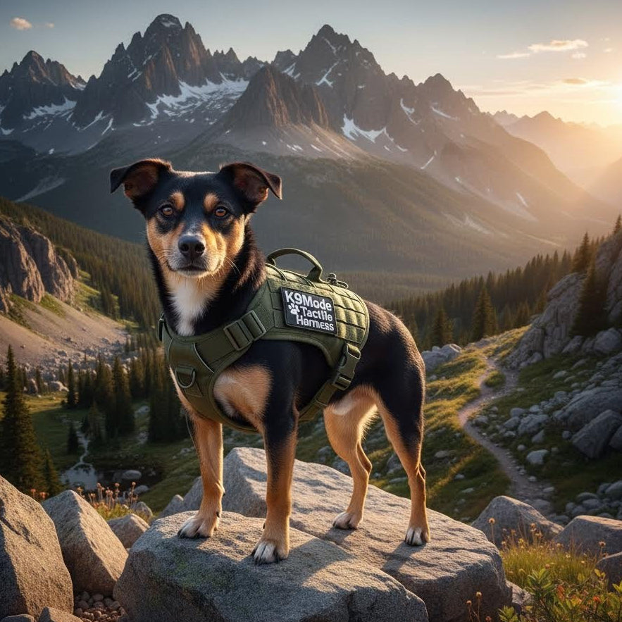 Dog in a harness standing on a rock with mountains in the background