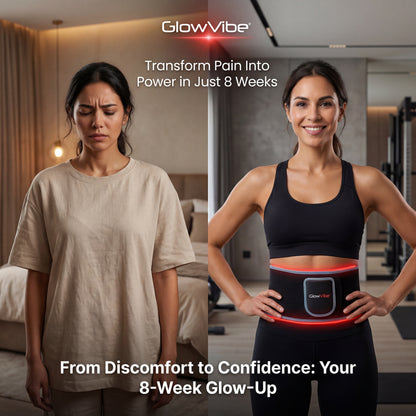 Woman wearing a red light therapy belt for back pain relief