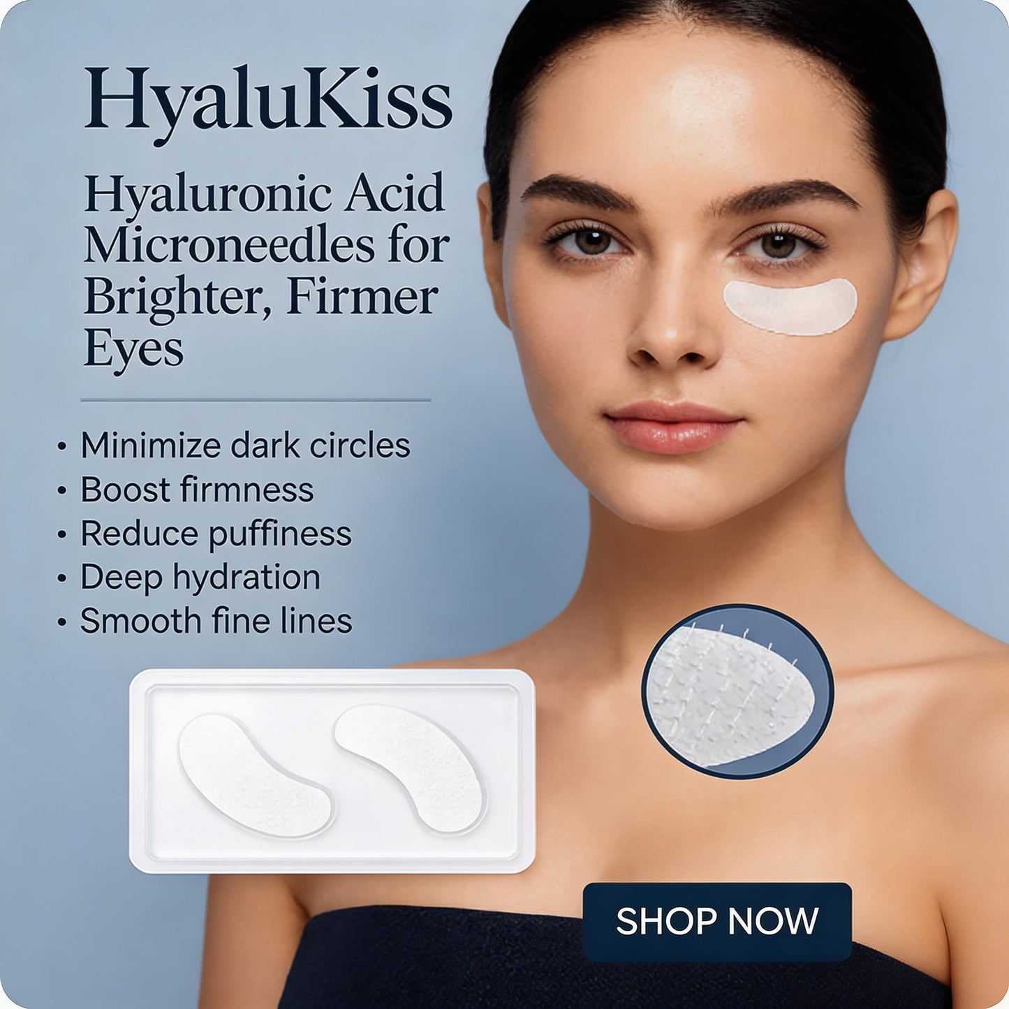 Applying HyaluKiss micro needle eye patches under tired eyes