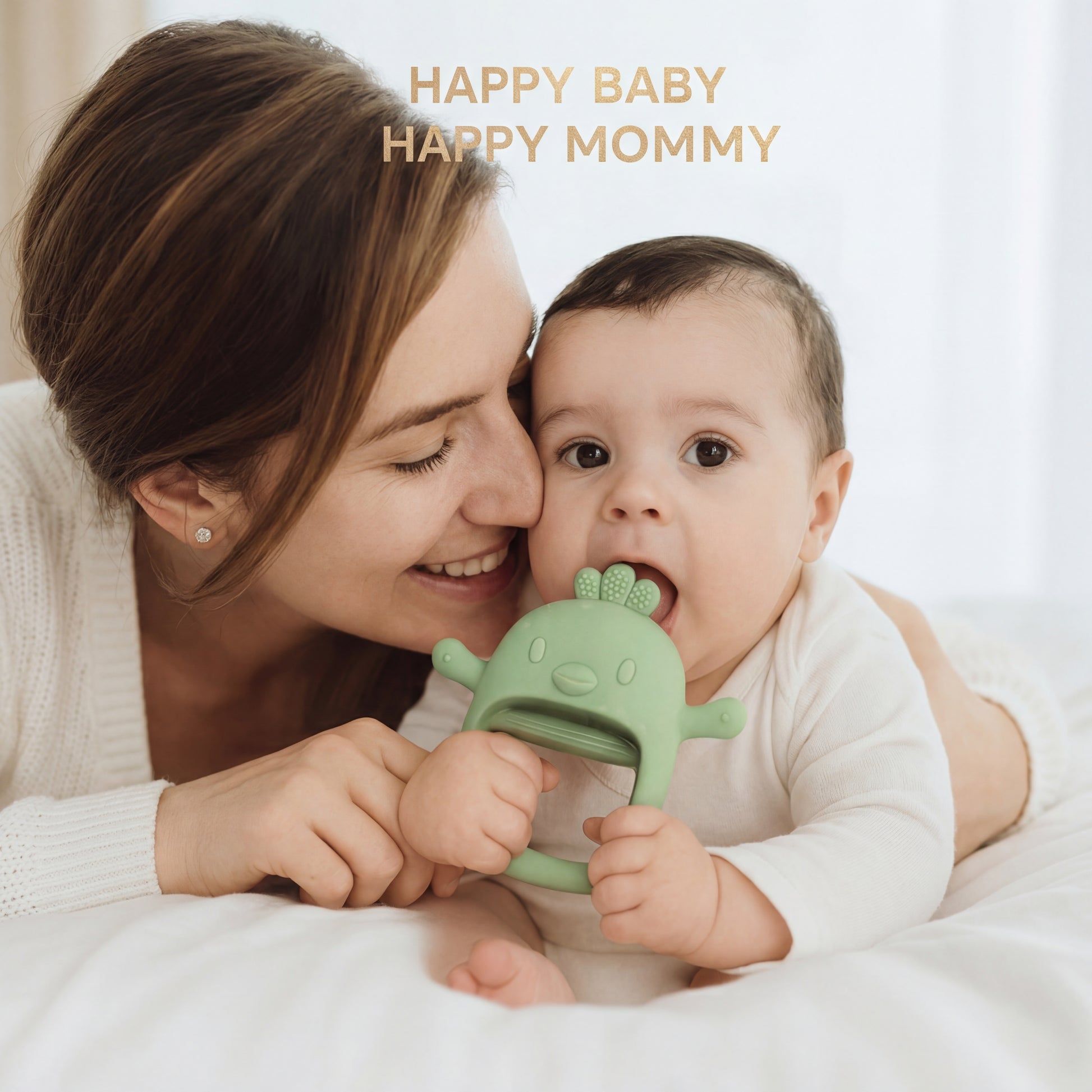 Baby holding a green GumBuddy silicone teething toys