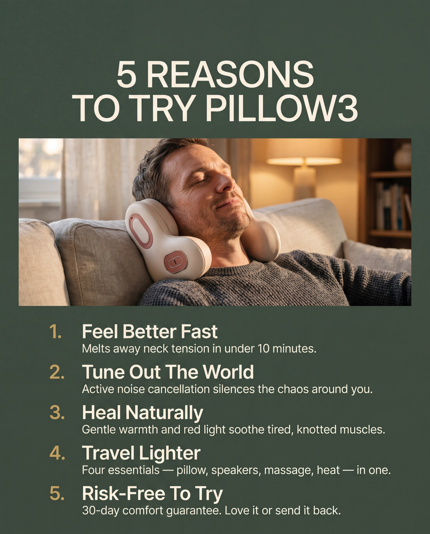 Pillow3 - Rest Your Neck. Warm Your Muscles. Tune Out The World.