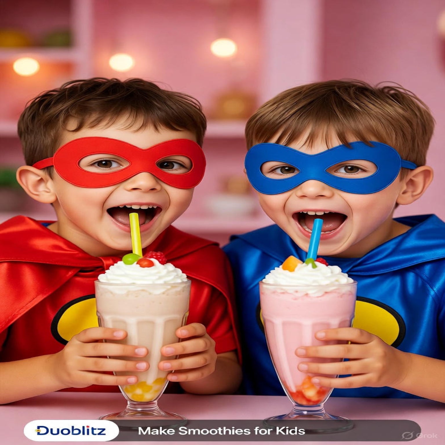 Two children in superhero costumes with milkshakes and colorful straws, with 'Duoblitz' branding.
