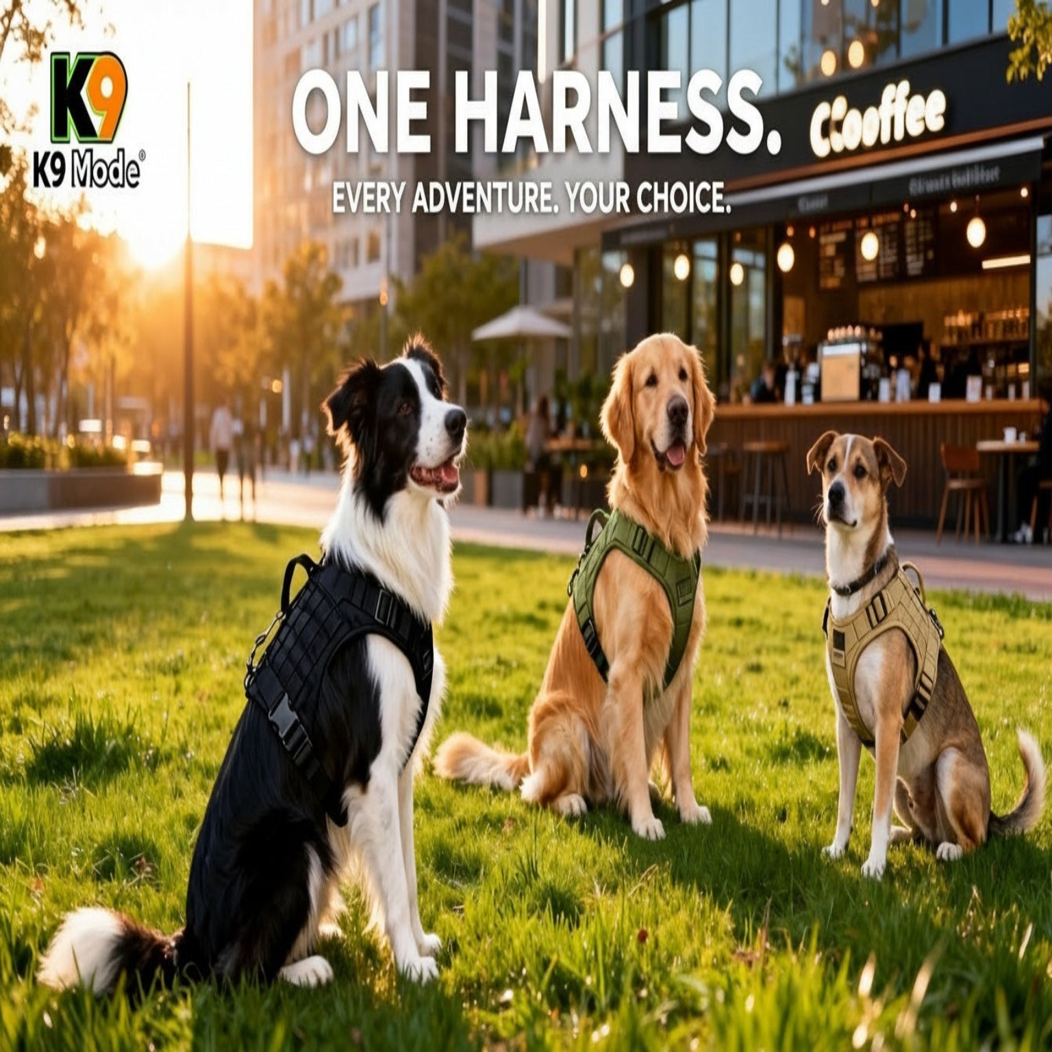 Three dogs in harnesses sitting on grass with a coffee shop in the background, featuring K9 Mode advertisement.
