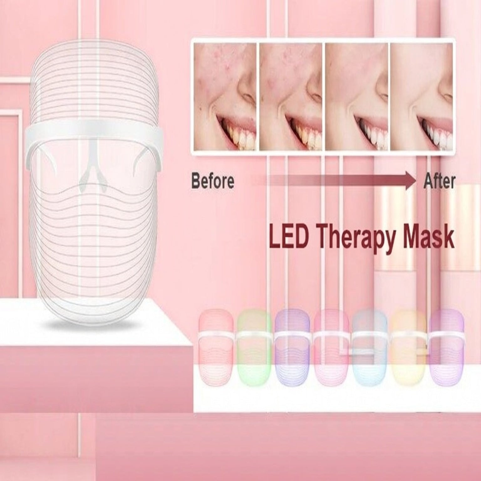 LED Therapy Mask with before and after effects on skin shown on a pink background